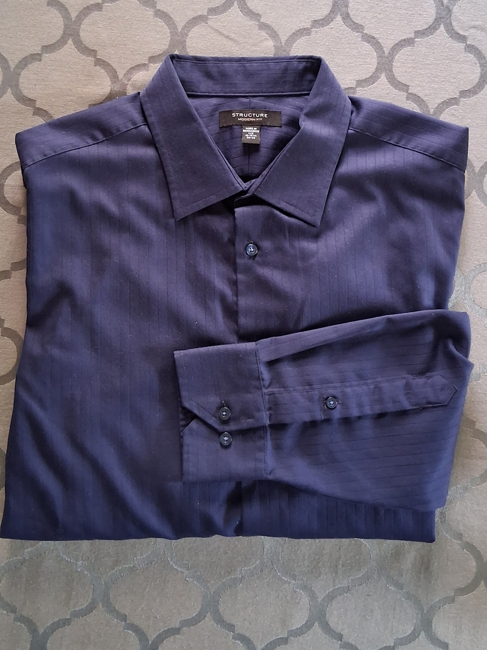 Structure Modern Fit Dress Shirt - Navy Blue Stripe Long Sleeve Men's Large